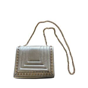 NWT Luana Italy Clio Studded Flap Bag Chain Metallic Silver Leather Bag with Gol